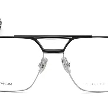 Philippe Pilin titanium eyeglasses with a black double-bridge top bar, silver metal rims, and dark gray temple arms, shown against a plain white background.
