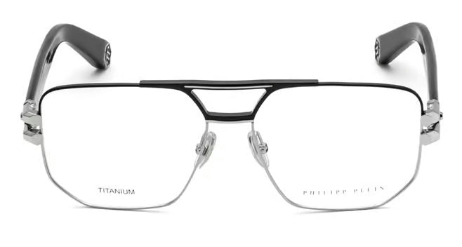 Philippe Pilin titanium eyeglasses with a black double-bridge top bar, silver metal rims, and dark gray temple arms, shown against a plain white background.